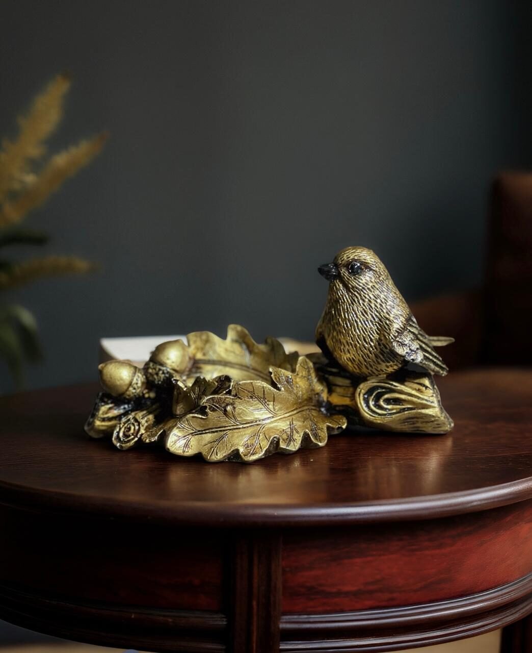 Antique Gold Bird on Oak Leaf Tray