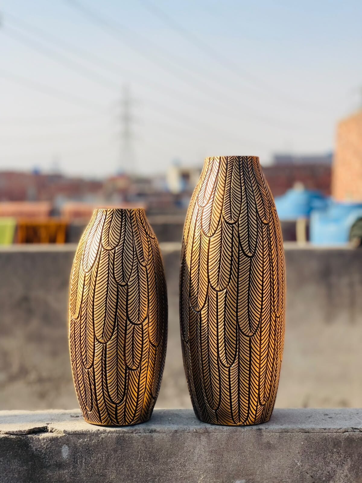 Feather Pattern Vase Pair in Gold & Antique Silver