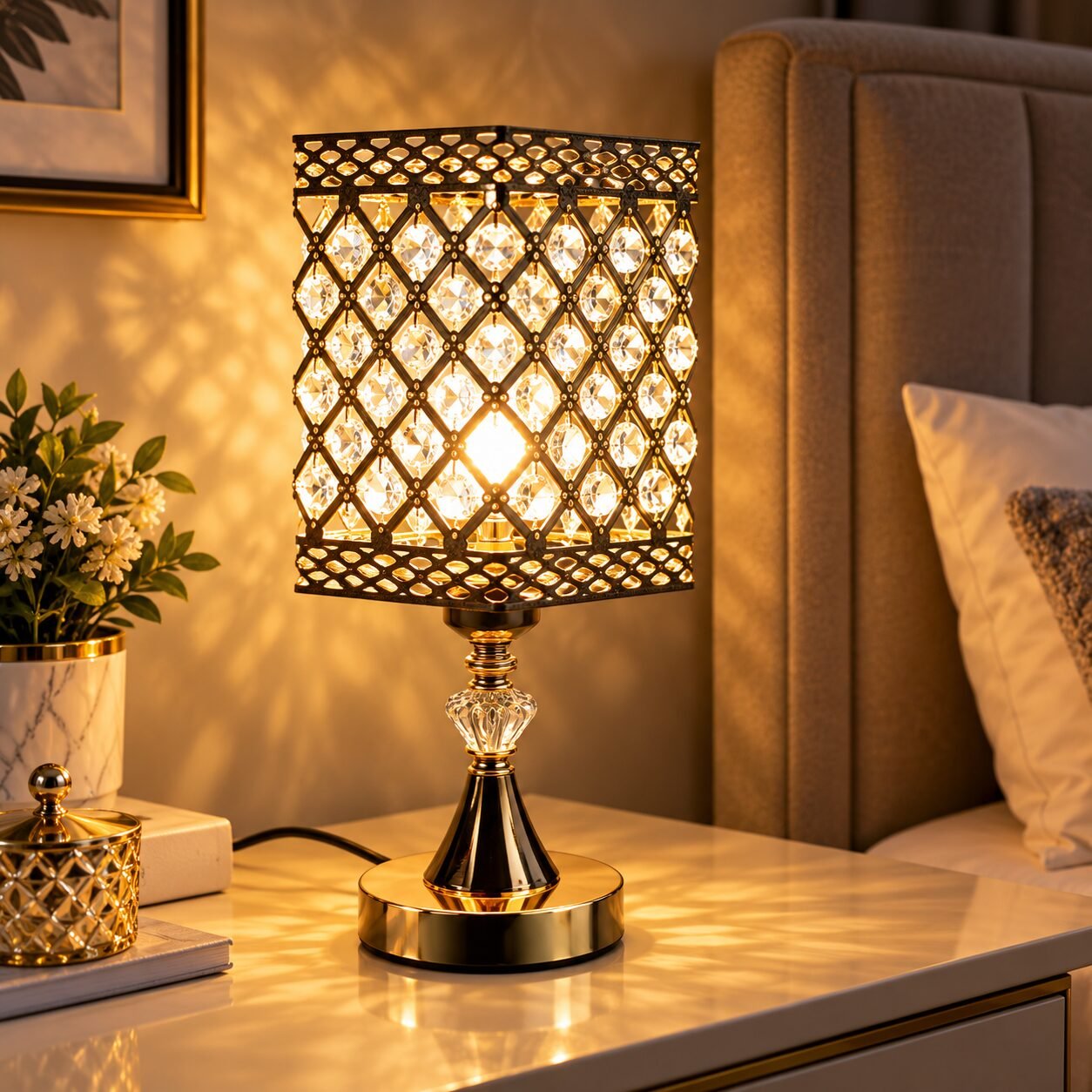 Black & Gold Crystal Lattice Table Lamp